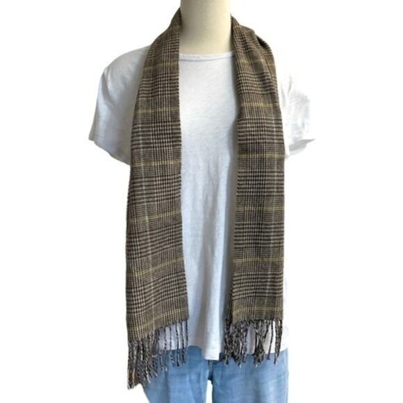 Glen plaid scarf made in Italy tan gold brown lightweight checks fringe - Picture 1 of 8